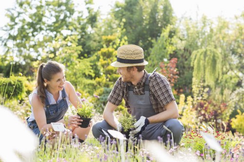 Professional gardening team reviewing site hazards