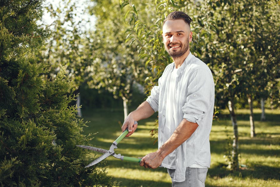 A smiling male gardener with short dark hair and a beard, dressed in a white long-sleeved shirt rolled up at the sleeves, is trimming a dense, green hedge with pruning shears in a well-maintained gard